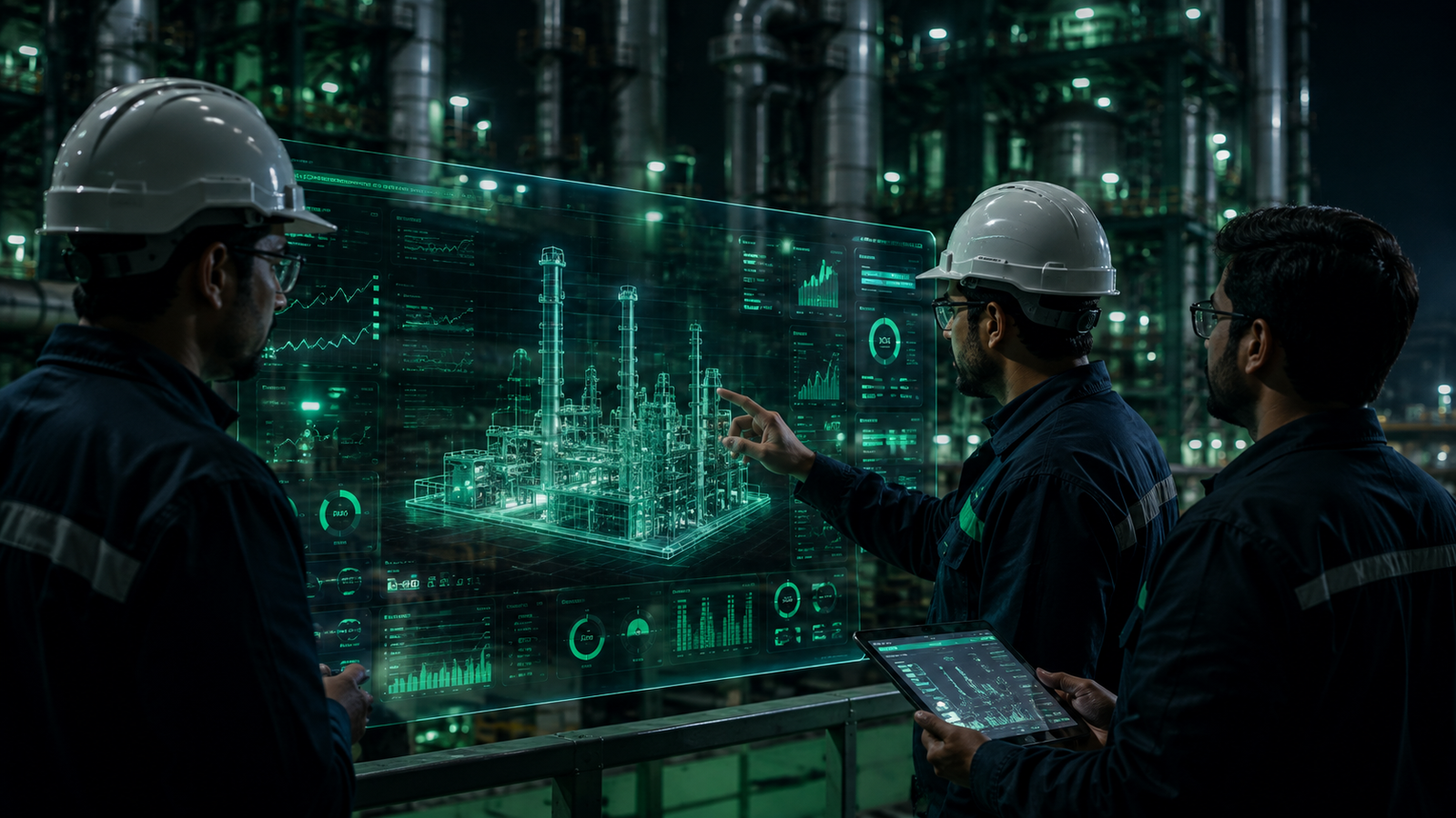 Engineers collaborating with digital screens